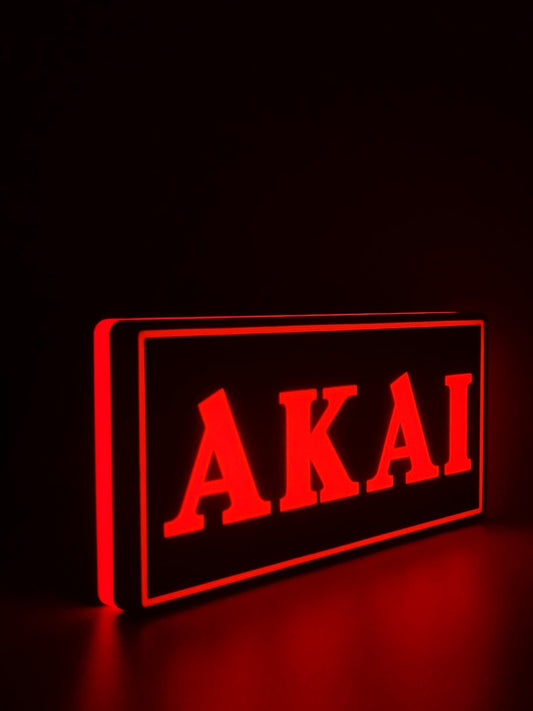 Akai led light sign with illuminated logo viewed from side view