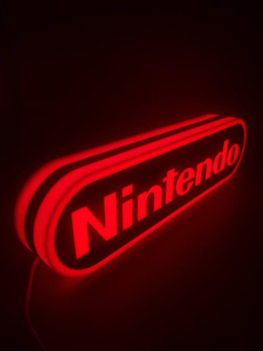 nintendo LED light sign with illuminated logo viewed from side view