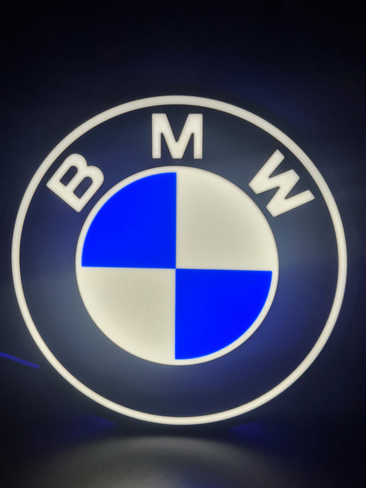 BMW LED light sign with illuminated logo viewed from straight on