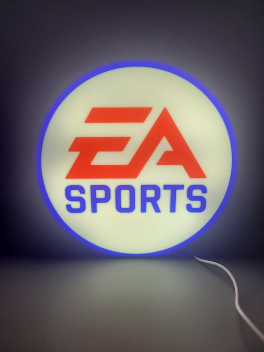 EA Sports LED light sign with illuminated logo viewed from straight on