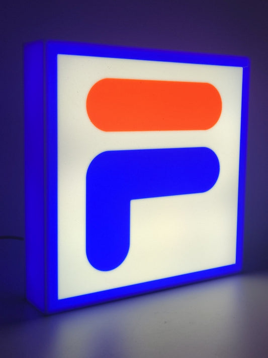 fila LED light sign with illuminated logo viewed from side view