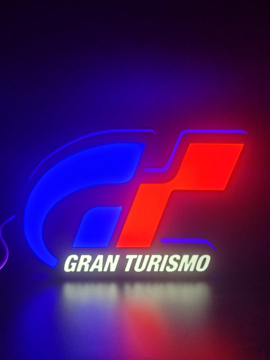 Gran Turismo LED light sign with illuminated logo viewed from straight on