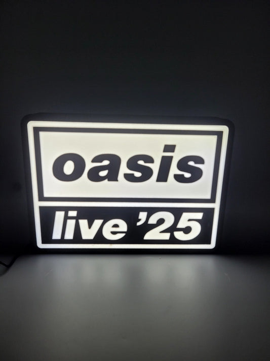 Oasis Live 25 LED light sign with illuminated logo viewed from straight on