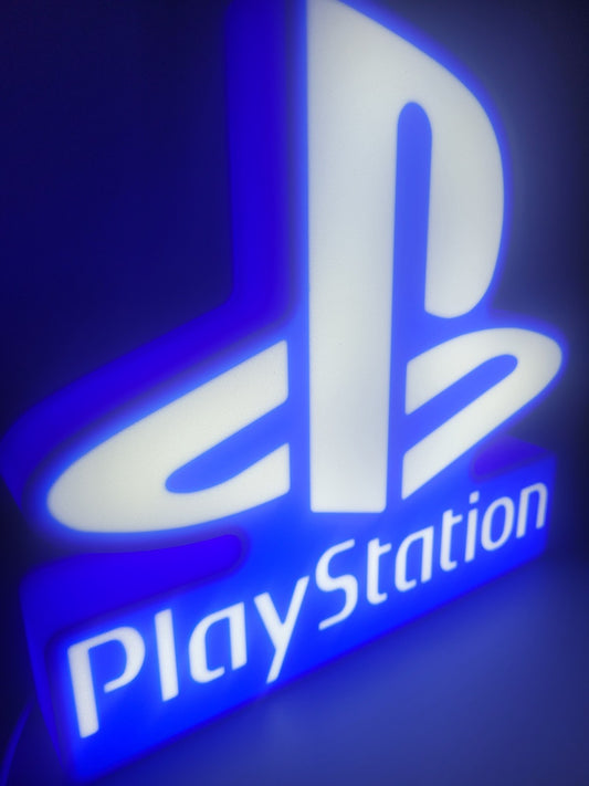 playstation LED light sign with illuminated logo viewed from side view
