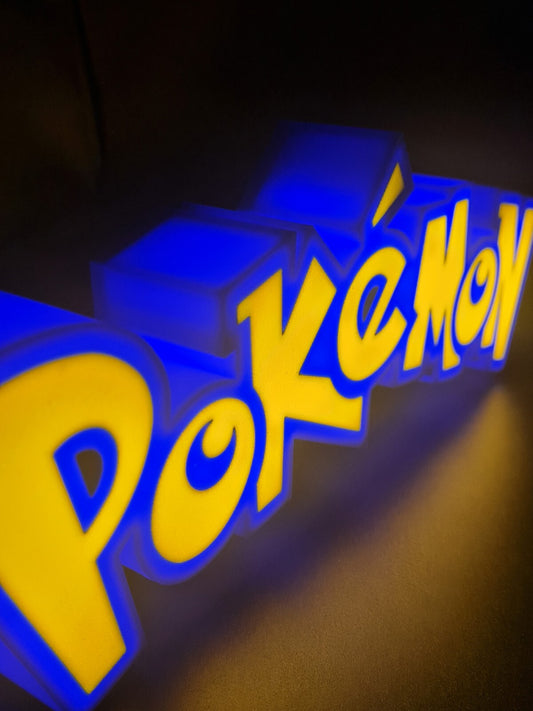 pokemon led light sign with illuminated logo viewed from side view