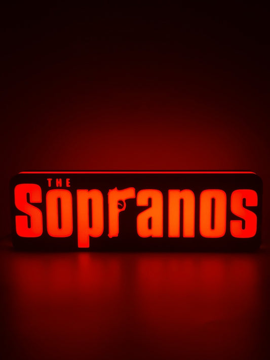 The Sopranos LED light sign with illuminated logo viewed from straight on