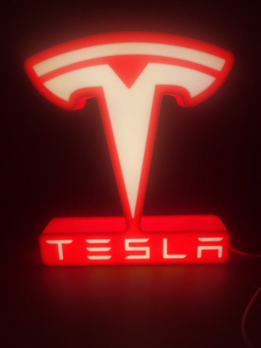 TESLA LED light sign with illuminated logo viewed from straight on