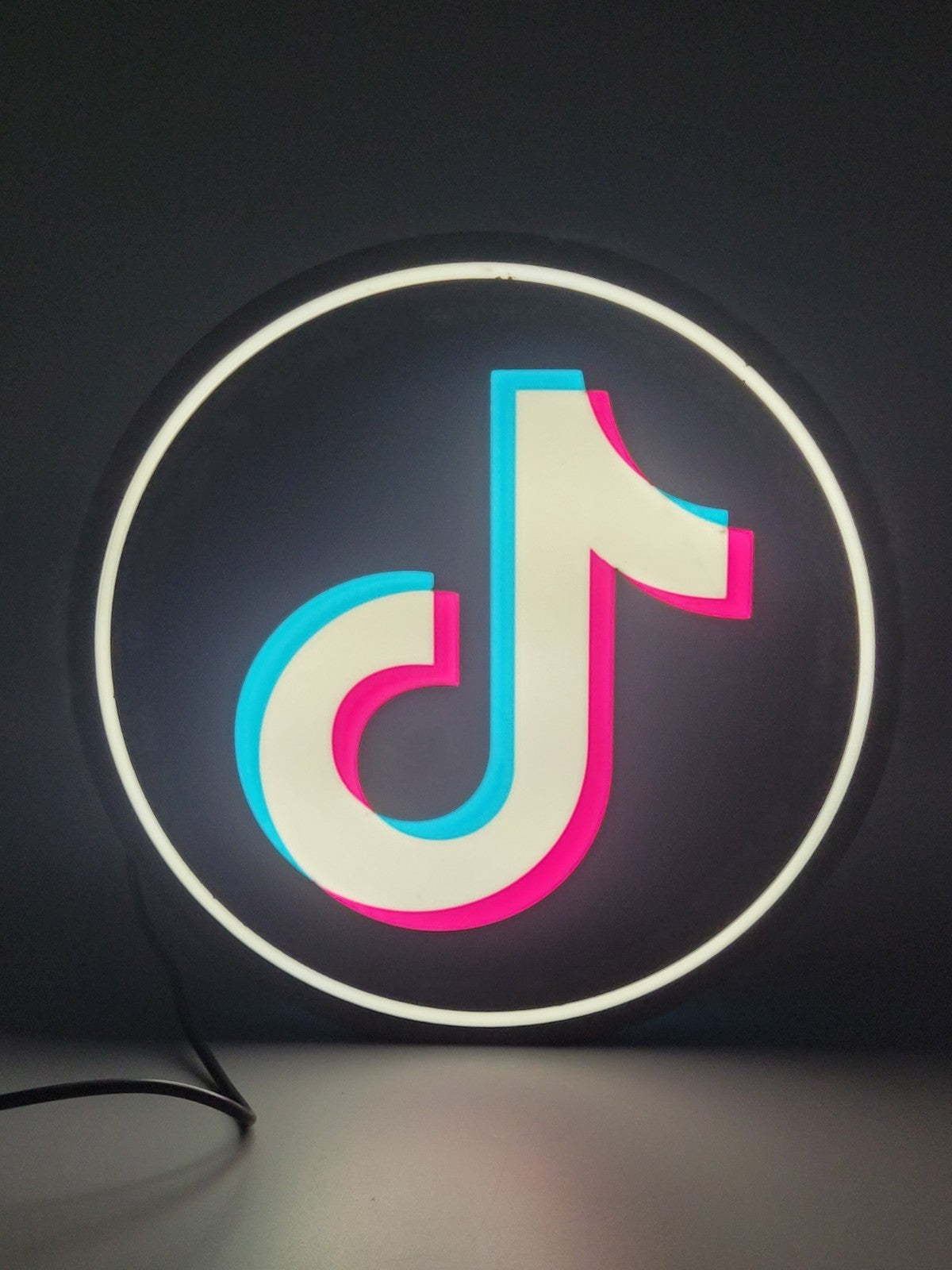 TIK TOK LED light sign with illuminated logo viewed from straight on