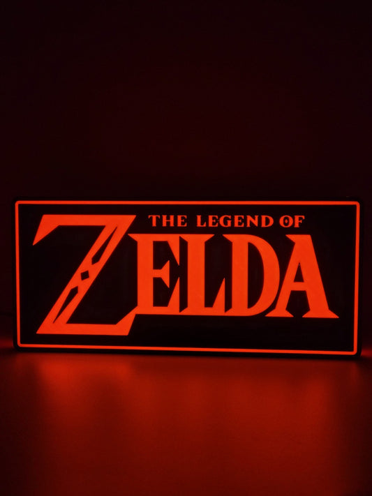 Zelda LED light sign with illuminated logo viewed from straight on