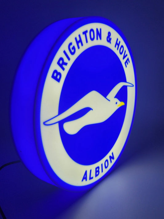 Brighton And Hove F.C. LED light sign with illuminated logo viewed from side view