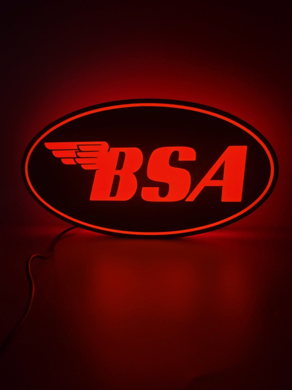 B.S.A led light sign with illuminated logo viewed from straight on