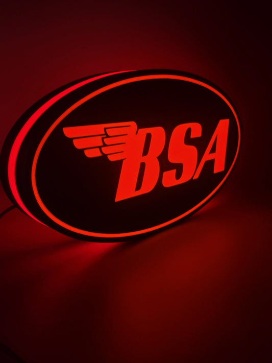 B.S.A led light sign with illuminated logo viewed from side view