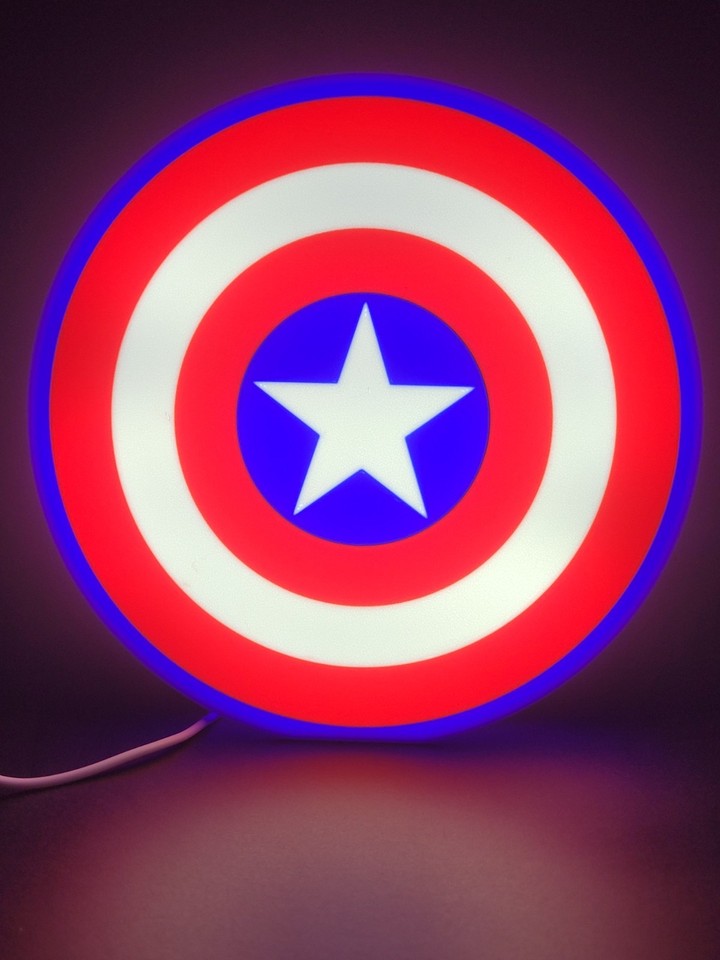 CAPATIN AMERICA LED light sign with illuminated logo viewed from straight on