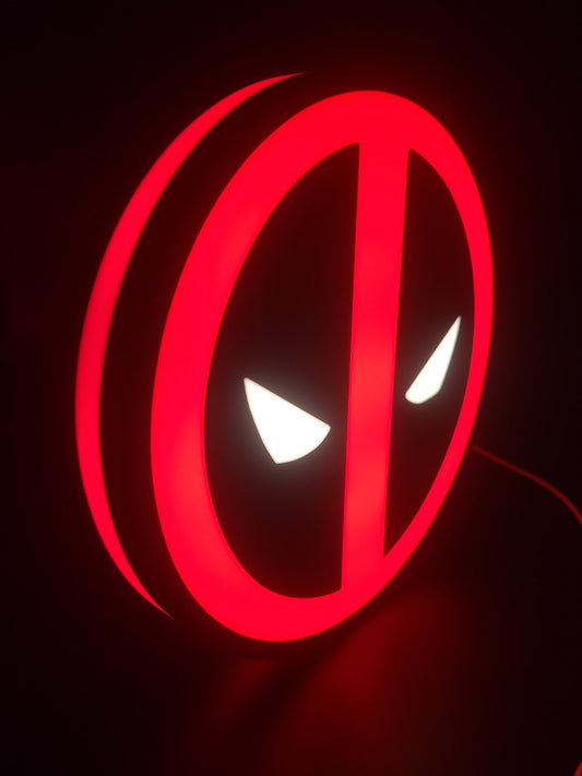 Deadpool LED light sign with illuminated logo viewed from side view