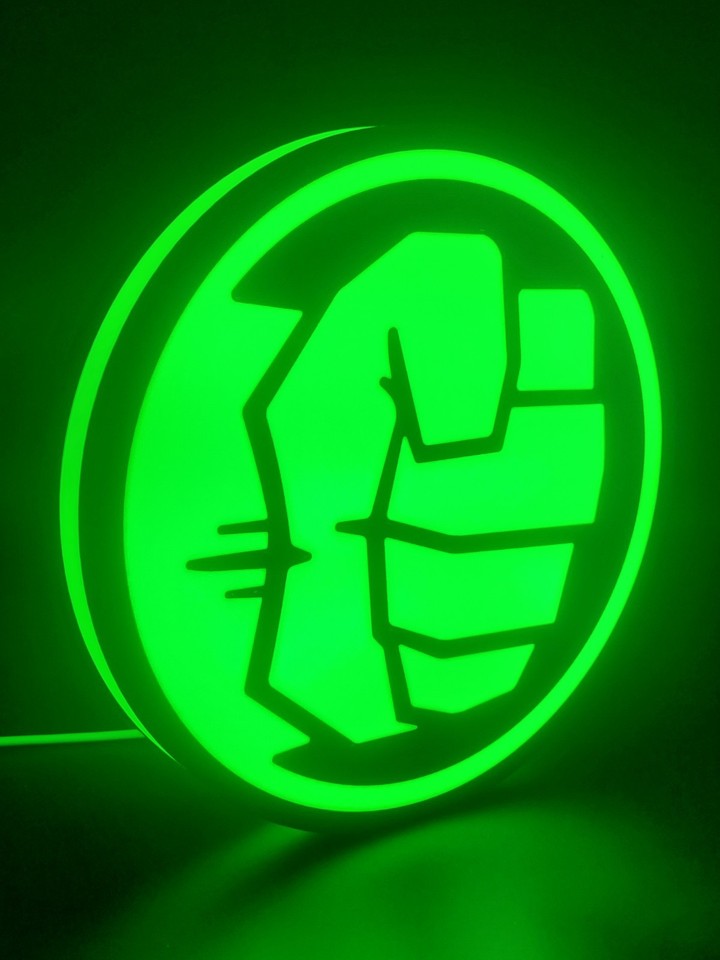 The Hulk LED light sign with illuminated logo viewed from side view