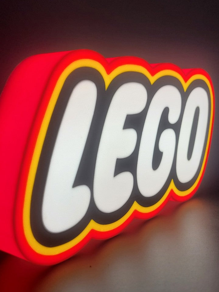 Lego LED light sign with illuminated logo viewed from side view