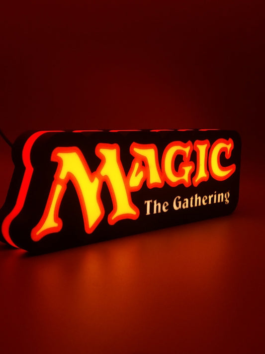 MAGIC THE GATHERING led light sign with illuminated logo viewed from side view