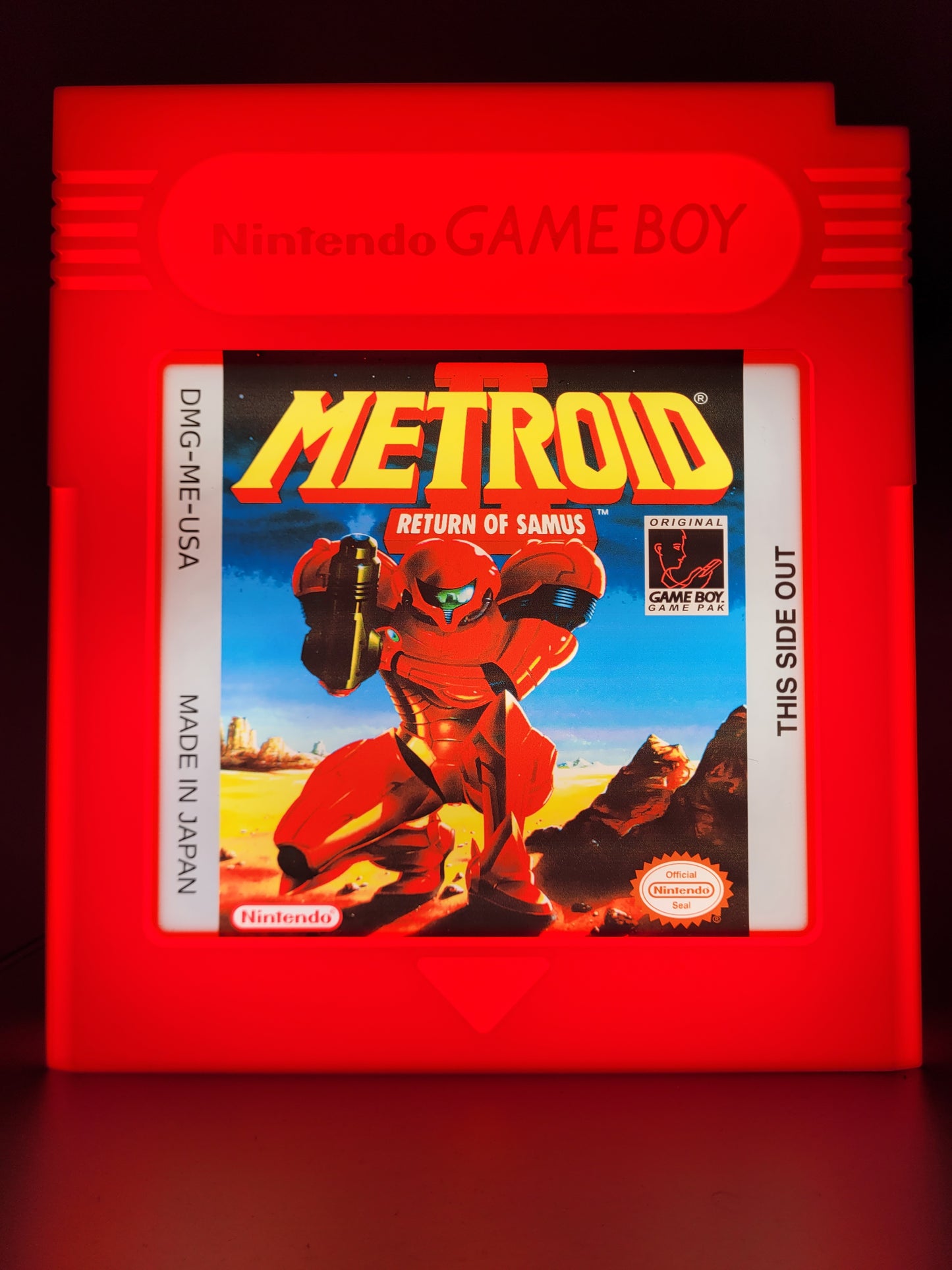 metroid GAMEBOY CARTRIDGE LED light sign with illuminated logo viewed from straight on
