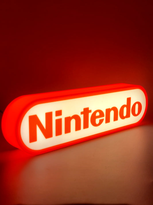 Nintendo LED light sign with illuminated logo viewed from side view