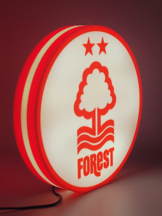 Nottingham Forest F.C. LED light sign with illuminated logo viewed from side view