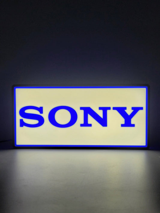 Sony led light sign with illuminated logo viewed from straight on