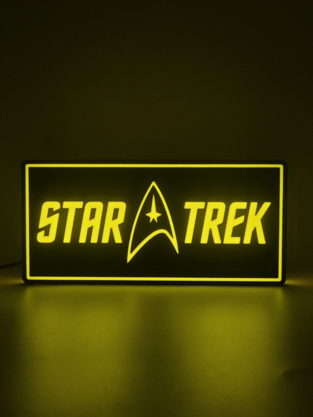 Star Trek led light sign with illuminated logo viewed from straight on