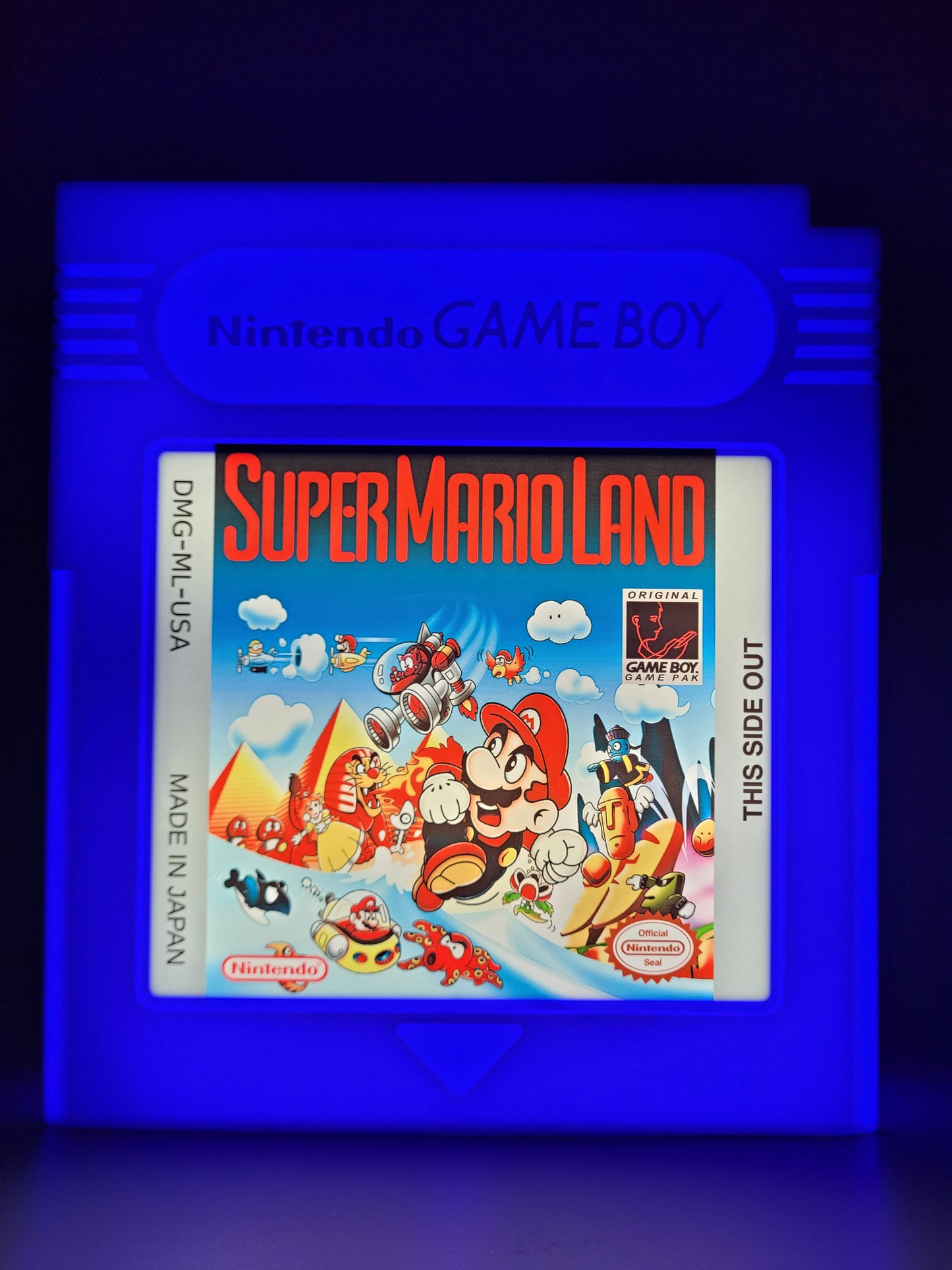 Super Mario Land GAMEBOY CARTRIDGE LED light sign with illuminated logo viewed from straight on