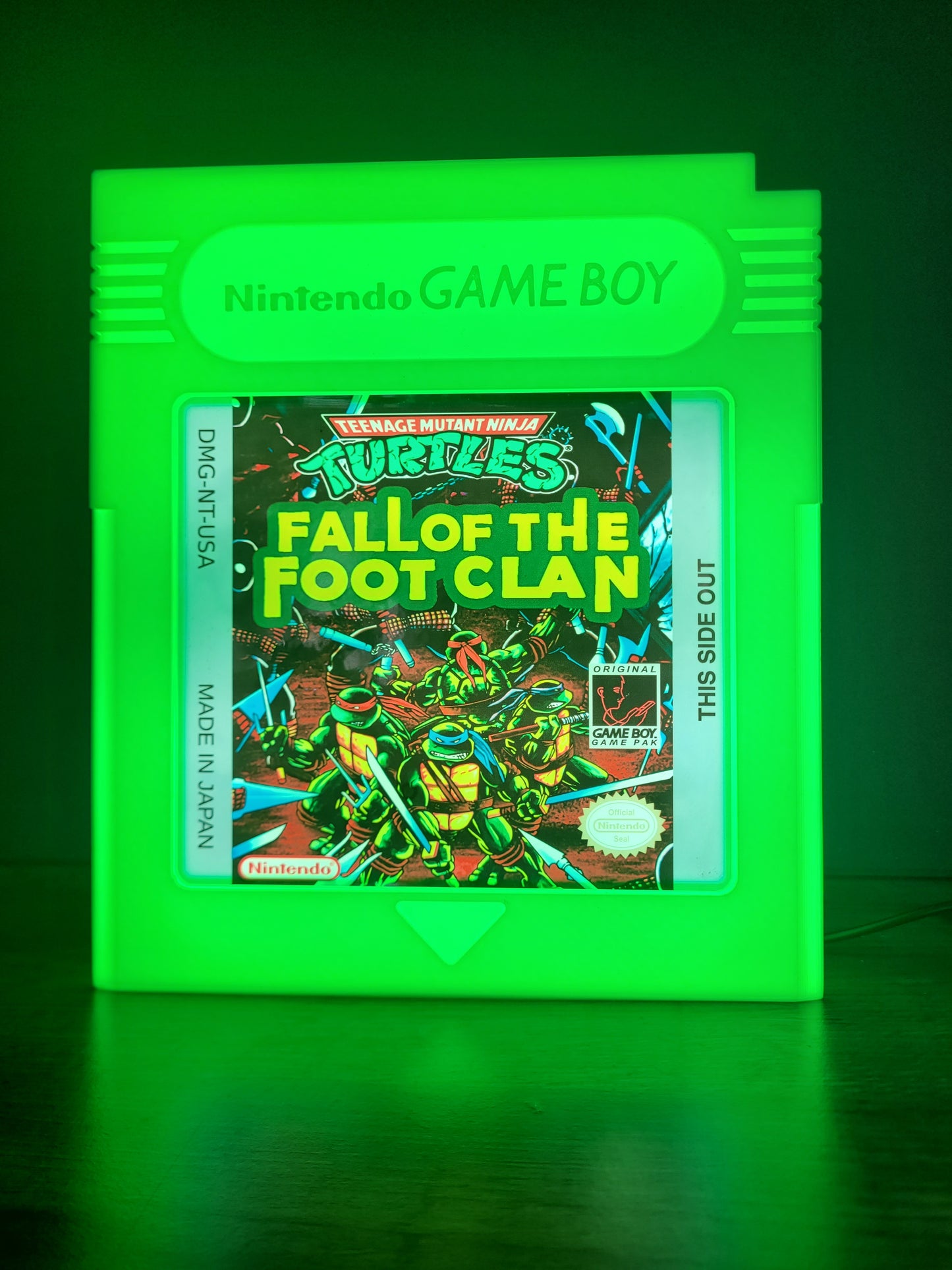 Teenage Mutant Ninja Turtle GAMEBOY CARTRIDGE LED light sign with illuminated logo viewed from straight on