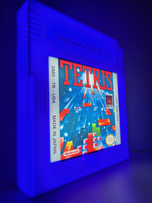 tetris giant cartridge led light sign with illuminated logo viewed from side