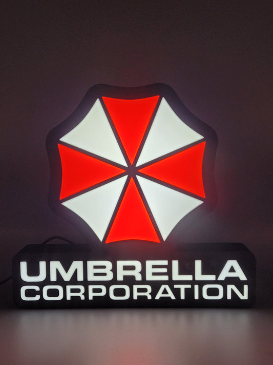 Umbrella Corporation LED light sign with illuminated logo viewed from straight on