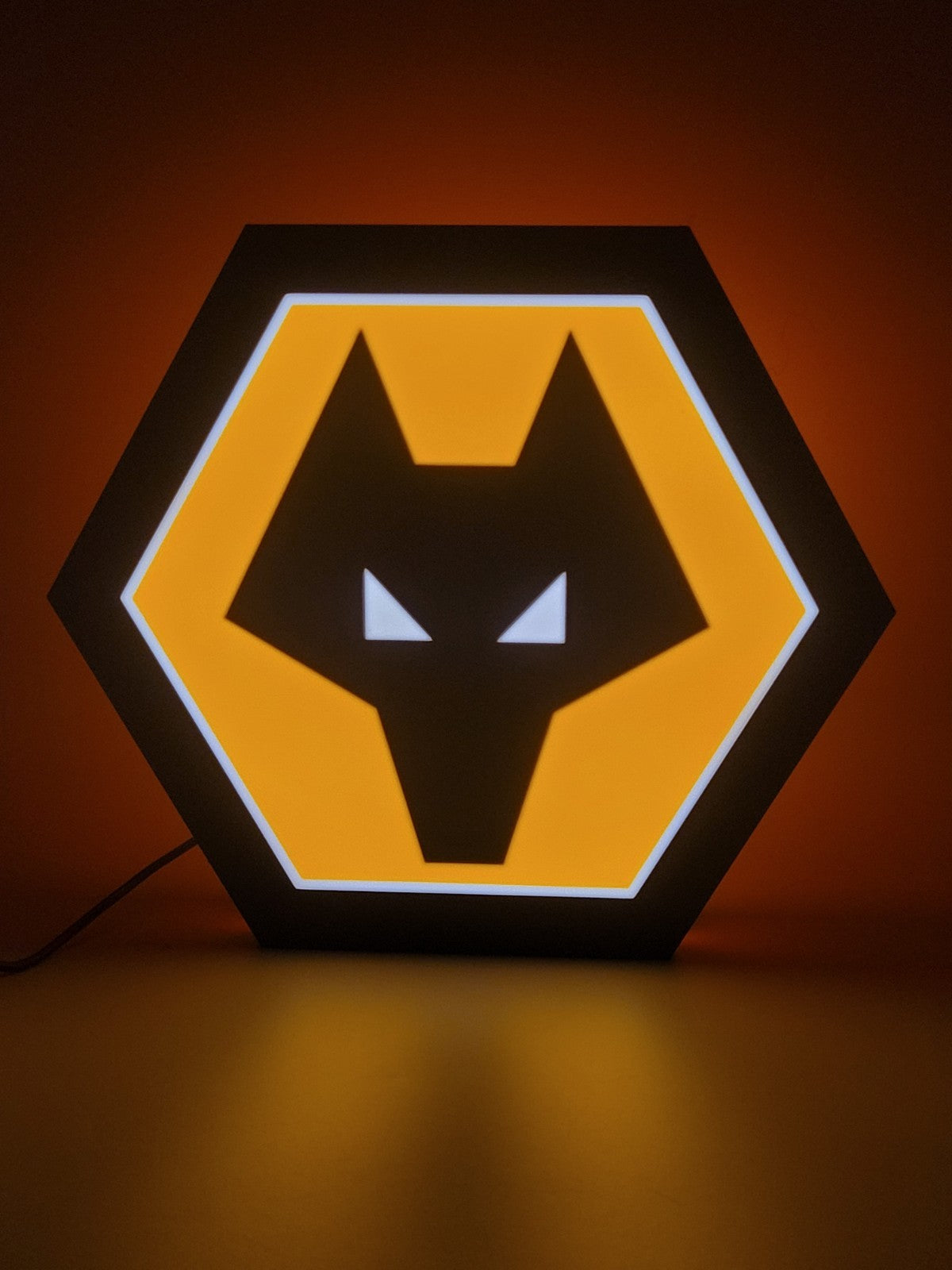 Wolverhampton LED light sign with illuminated logo viewed from straight on