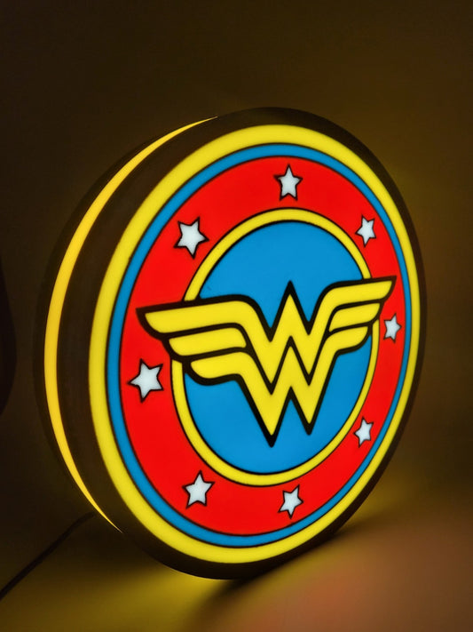WONDER WOMAN led light sign with illuminated logo viewed from side view