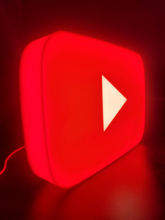 Youtube LED light sign with illuminated logo viewed from side view