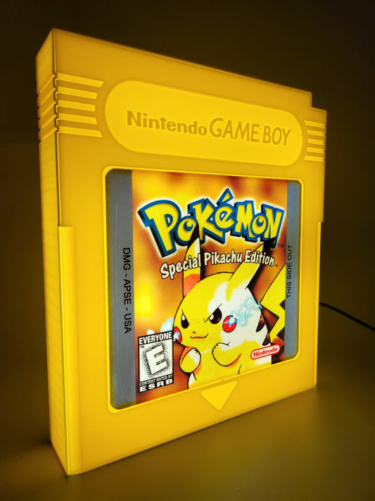 pokemon gameboy giant cartridge yellow led light sign with illuminated logo viewed from side