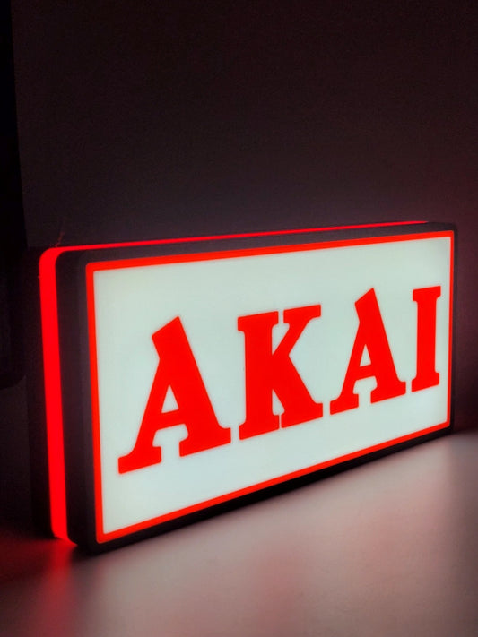 Akai led light sign with illuminated logo viewed from side view 