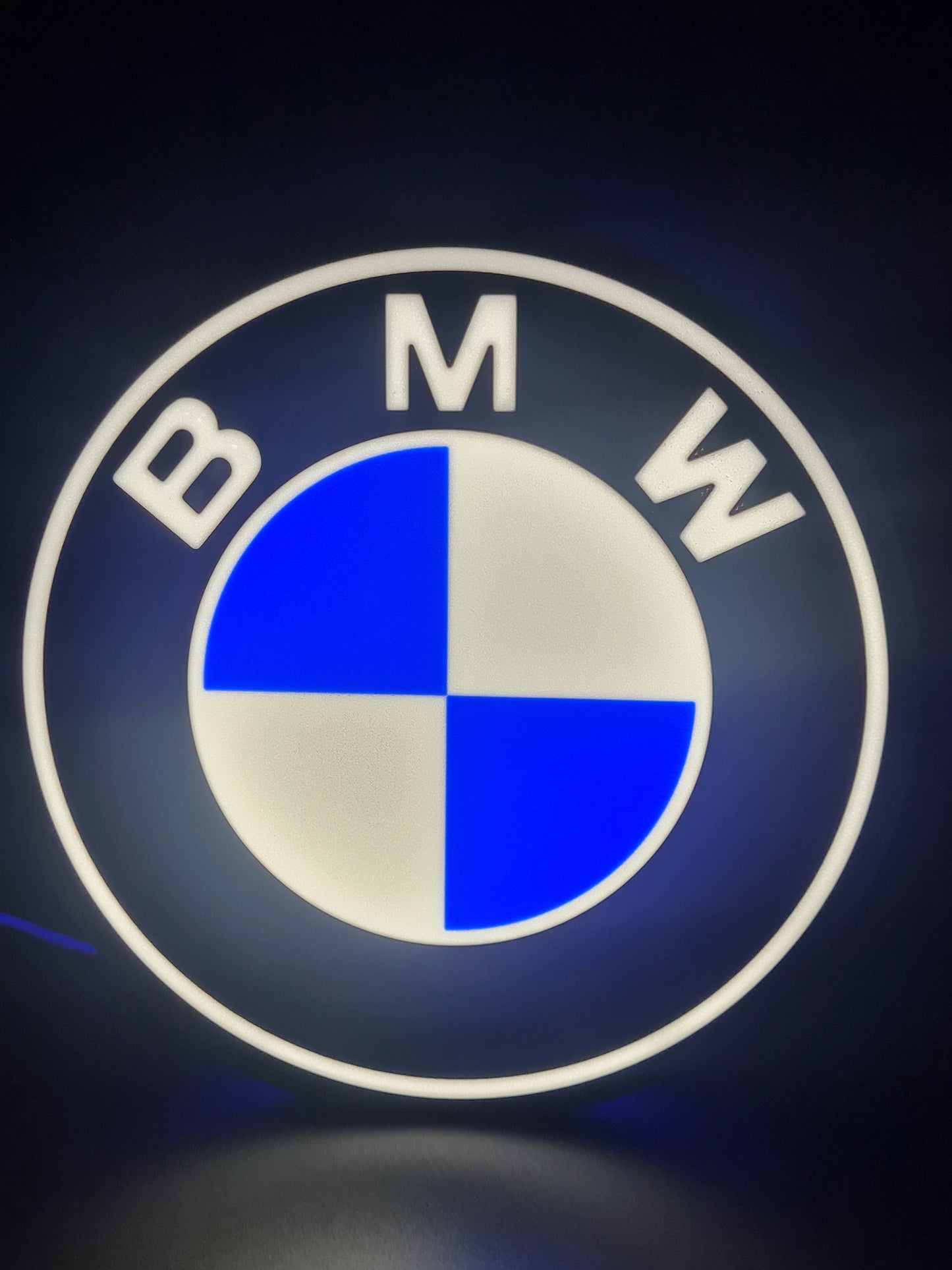 BMW LED light sign with illuminated logo viewed from straight on
