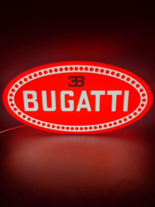 Bugatti LED light sign with illuminated logo viewed from straight on