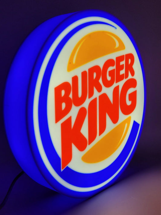Burger King LED light sign with illuminated logo viewed from side view