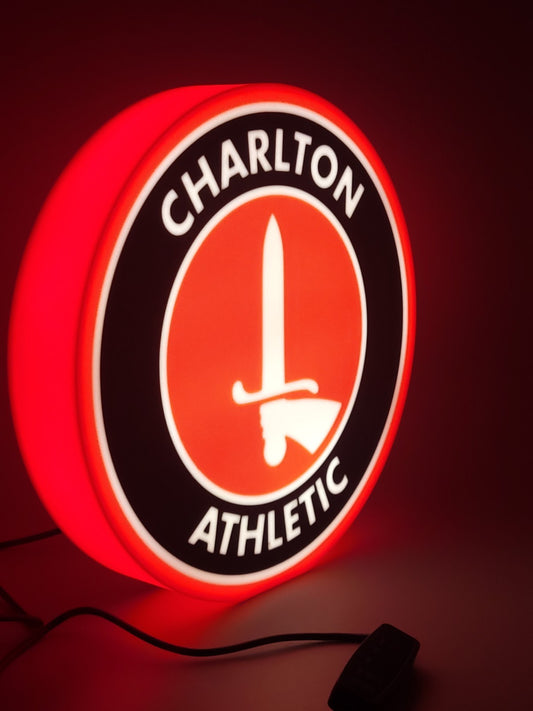charlton LED light sign with illuminated logo viewed from side view