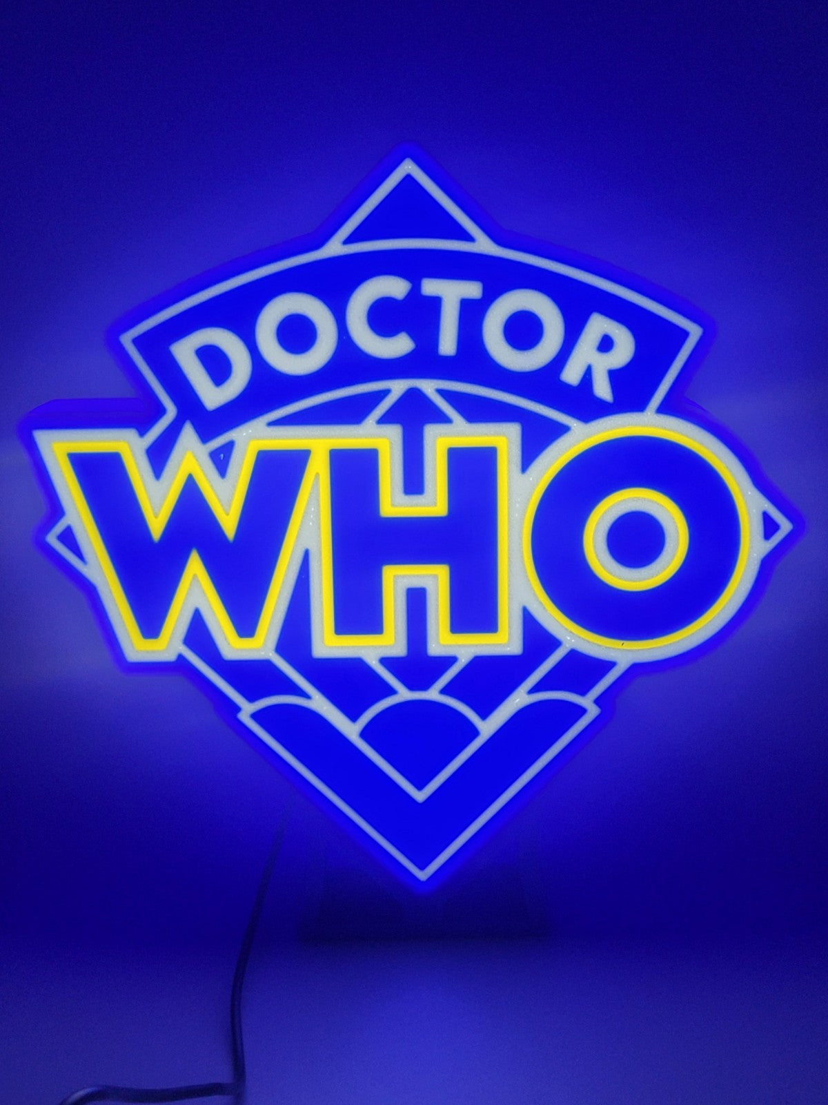 Doctor WHO LED light sign with illuminated logo viewed from straight on