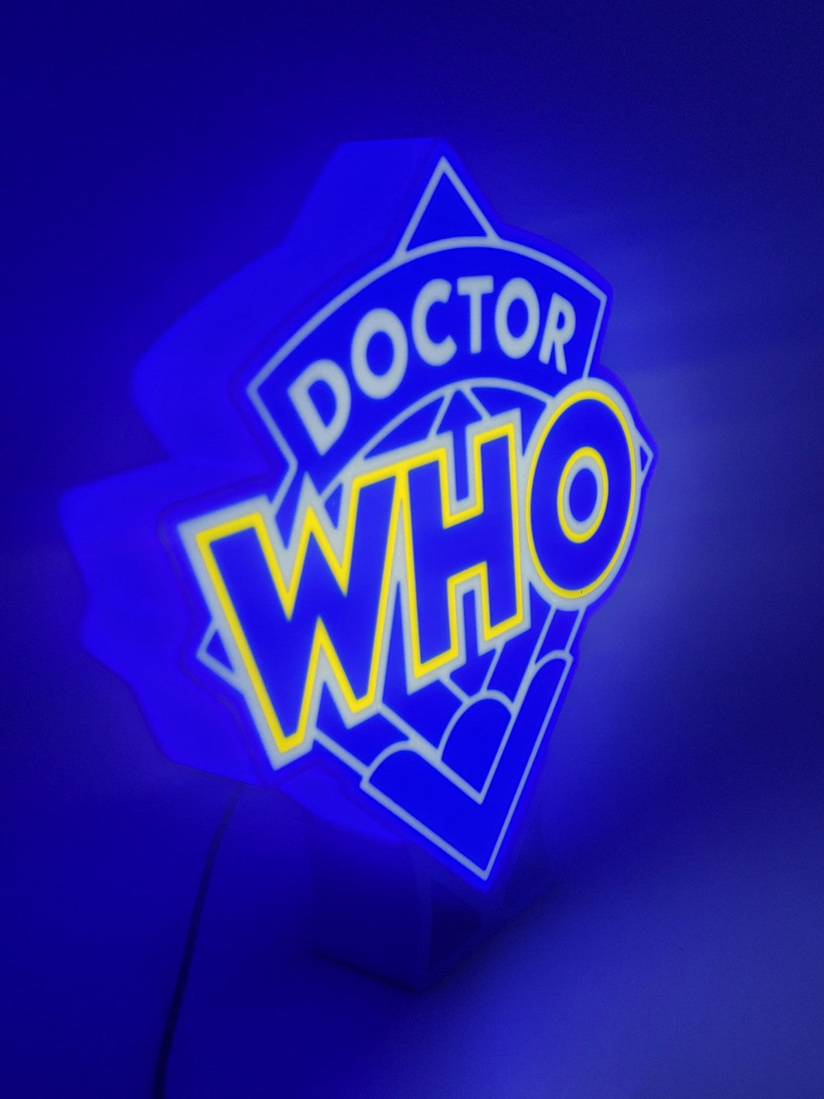 doctor who LED light sign with illuminated logo viewed from side view