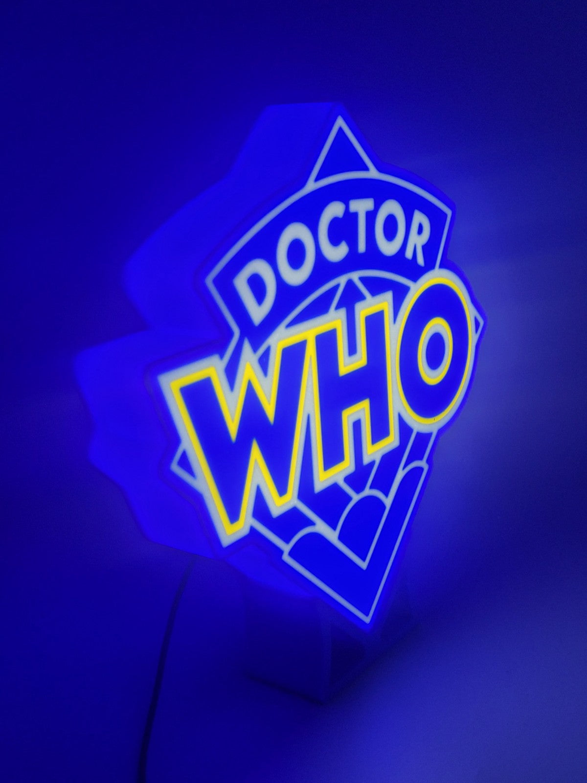 doctor who LED light sign with illuminated logo viewed from side view