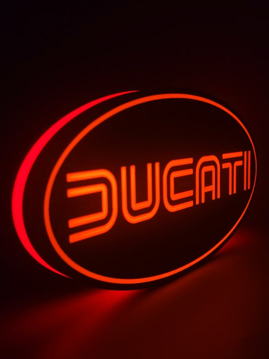 ducati LED light sign with illuminated logo viewed from side view