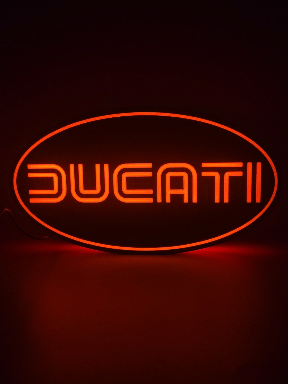Ducati LED light sign with illuminated logo viewed from straight on