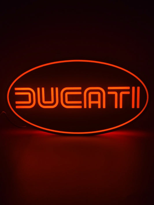 Ducati LED light sign with illuminated logo viewed from straight on