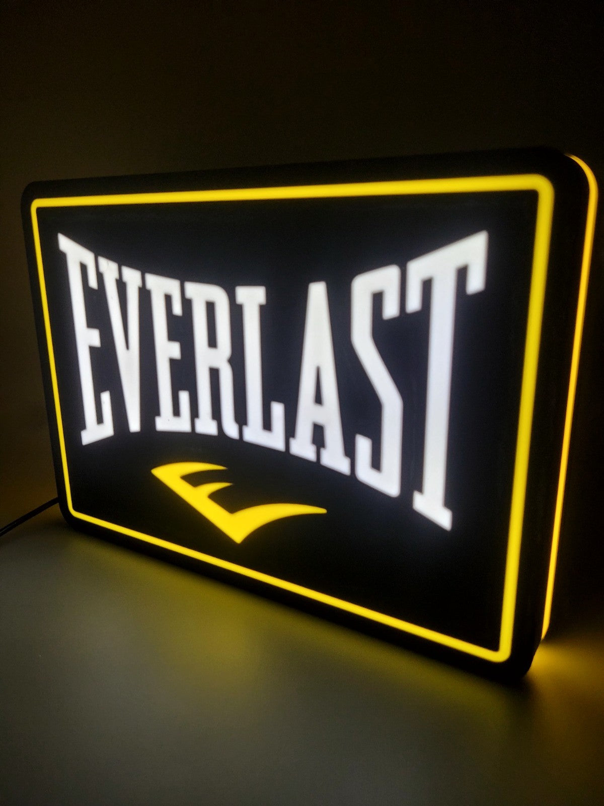 everlast led light sign with illuminated logo viewed from side view