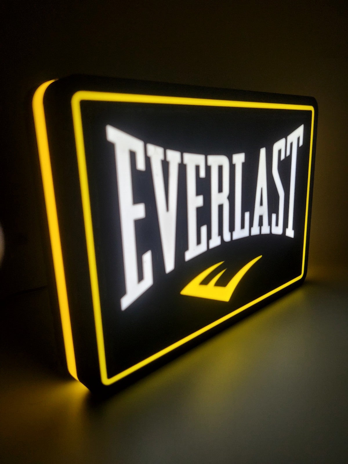 everlast led light sign with illuminated logo viewed from side view
