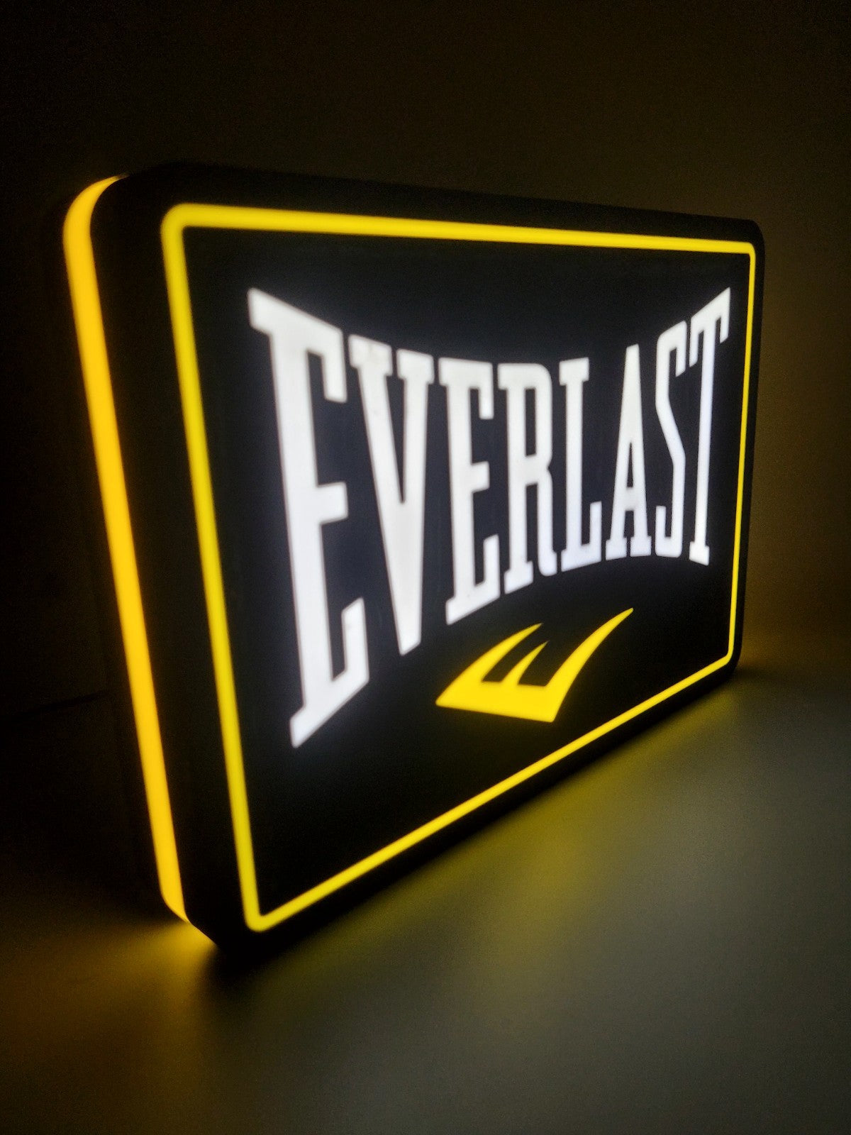 everlast led light sign with illuminated logo viewed from side view