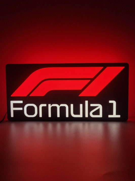 F1 LED light sign with illuminated logo viewed from straight on
