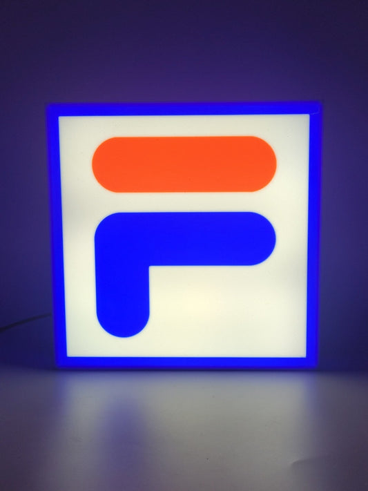 Fila LED light sign with illuminated logo viewed from straight on